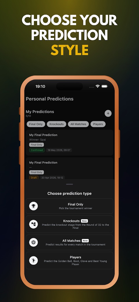 Three prediction modes: champion only, groups and knockouts, all results